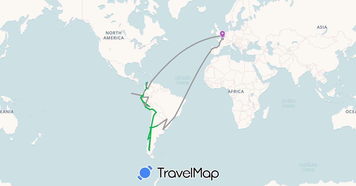TravelMap itinerary: driving, bus, plane, train, boat, micro in Argentina, Aruba, Belgium, Bolivia, Brazil, Chile, Colombia, Ecuador, France, Peru, Portugal (Europe, North America, South America)
